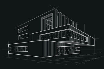 Linear modern abstract sketch - cottage with overhanging part on black background
