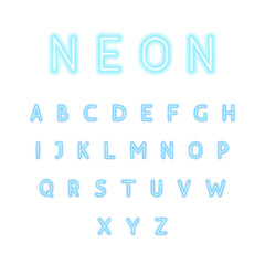 Blue Neon Alphabet Isolated. Vector Illustration of Glowing Bright Led Lamp over White Symbols.