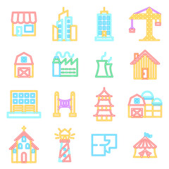 Fototapeta premium Building City Neon Icons Isolated. Vector Illustration of Glowing Bright Led Lamp over White Symbols.
