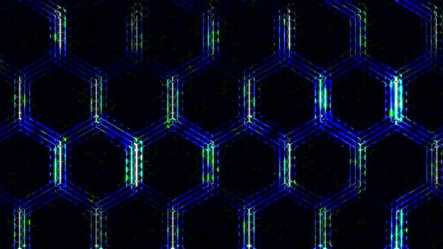 Grid of honeycombs in neon glow in blue-green tones