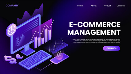 E-Commerce Management Horizontal Banner. WebPage Template. Vector illustration
