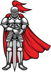 Fototapeta premium Knight in helmet, cloak, red feather helmet, sword