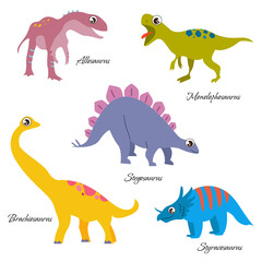 Vector cute cartoon isolated dinosaur set. Animal set: styracosaurus, allosaurus, monolophosaurus, brachiosaurus, styracosaurus