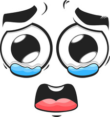 Cartoon crying face, sad emoji with tears in eyes