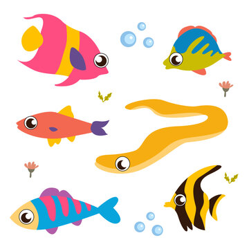 Vector flat style illustration of sea life animals and fish. Funny collection set of fish