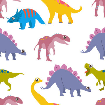 Vector seamless cute cartoon isolated dinosaur set.