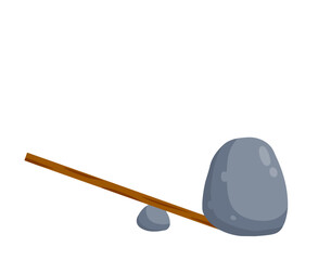 Lever of stick with stone. Lifting heavy cobblestone. Moving the boulder. Balancing and leverage. Flat cartoon