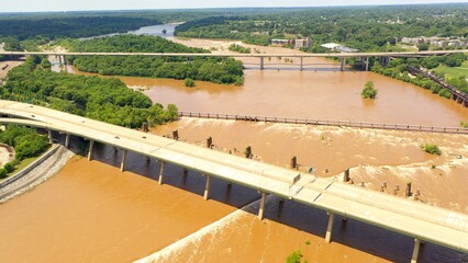 James River in Richmond, VA at flood level after rain from extreme weather in the South USA