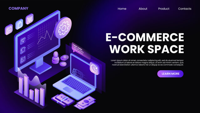 E-Commerce Work Space Banner. Landing Page Horizontal Mockup. Vector illustration