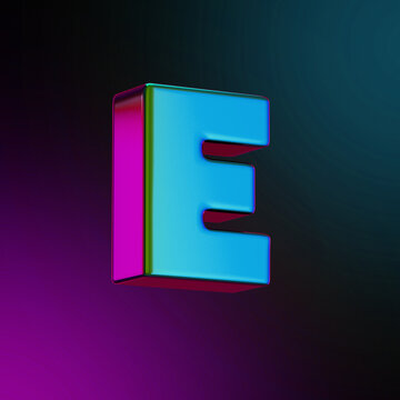 Letter E neon colored metal 3d rendered illustration blue and purple color isolated