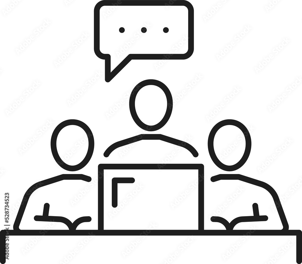 Poster team working together on computer, chat bubble
