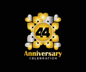 44 Years Anniversary Day. Company Or Wedding Used Card Or Banner Logo. Gold Or Silver Color Mixed Design