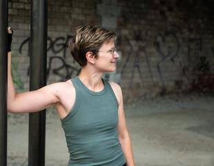 Portrait of an active 36 year old woman outdoors, Belgium