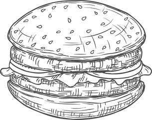 Sketch king size burger, hamburger fast food meal
