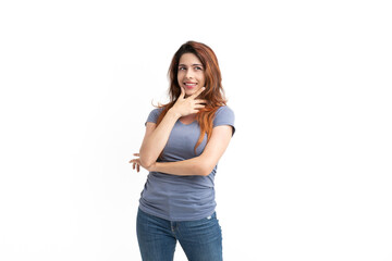 Woman on white background thinking