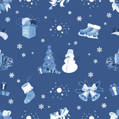 Seamless pattern with elements of Christmas and New Year design in blue tones on a dark background