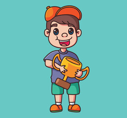cute children bring a trophy. Isolated cartoon person illustration. Flat Style Sticker element vector
