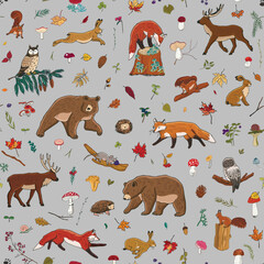 Fototapeta premium Forest animals: fox, bear, deer, owl, hare and nature objects: mushrooms, leaves, berries vector seamless pattern.