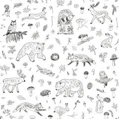 Forest animals: fox, bear, deer, owl, hare and nature objects: mushrooms, leaves, berries vector 
seamless pattern.