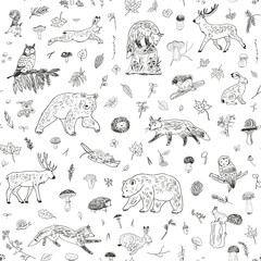 Forest animals: fox, bear, deer, owl, hare and nature objects: mushrooms, leaves, berries vector 
seamless pattern.