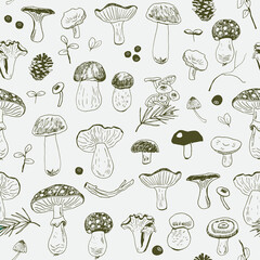 Forest autumn mushrooms vector seamless line graphic pattern.