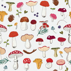 Fototapeta na wymiar Forest autumn mushrooms vector seamless pattern.