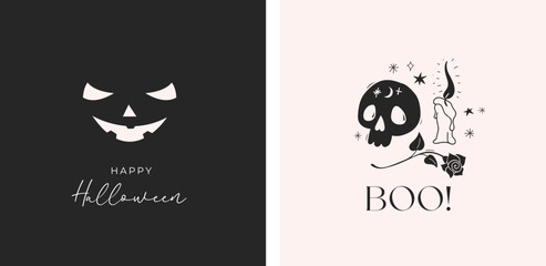 Elegant, clean black and pink Halloween cards, banner, social media post and print. 
