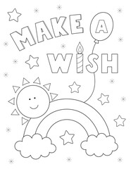 make a wish coloring page. cute black and white design for birthday celebration. you can print it on standard 8.5x11 inch paper