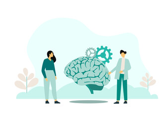 Mental health care treatment vector illustration concept. specialist doctor work to give psychology therapy. Tiny people character with screwdriver. Banner, poster, or social media printing.