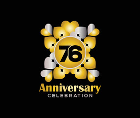 76 Years Anniversary Day. Company Or Wedding Used Card Or Banner Logo. Gold Or Silver Color Mixed Design