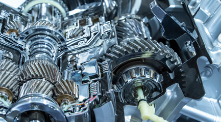 Metallic background of car automotive transmission gearbox