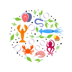 Circle frame with crab, shrimp, tuna and salmon steak, squid, herring and octopus, fish dish. Flat style of seafood with lemon, basil, rosemary, thyme. Template for restaurant or cafe menu, card