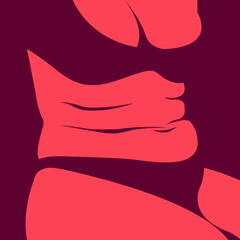 vector trendy illustration on the theme of body positive. a curvy plump girl sits in underwear and is not shy about belly rolls and fat folds on her body in pink tones. love yourself and your body.