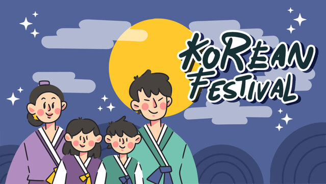 Lovely Moonlight Korean Family Greeting Banner Doodle Illustration