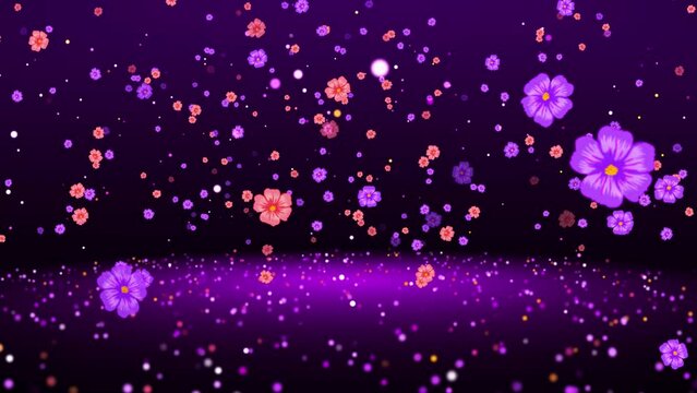 Festive Purple Orange blooming flower Shapes And Glitter Sparkle Dust Flying On Twinkle Glitter Sparkles Plane Background 3D Rotating Motion View Seamless Loop