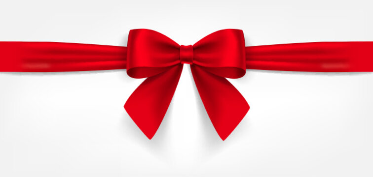 Satin decorative red bow with horizontal yellow ribbon isolated on white background. Vector red bow and red ribbon
