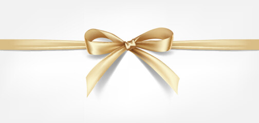 Satin decorative golden bow with horizontal yellow ribbon isolated on white background. Vector gold bow and gold ribbon
