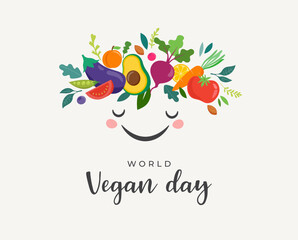 World Vegan Day, Concept Design. Cute character with vegetables crown, fruits, leaves and nuts. For Social Media promotions, sticker, banner, greeting cards