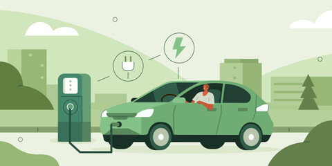 Character charging electric car battery near recharge station in modern city. Sustainable lifestyle, electric transportation and eco friendly vehicle concept. Vector illustration.