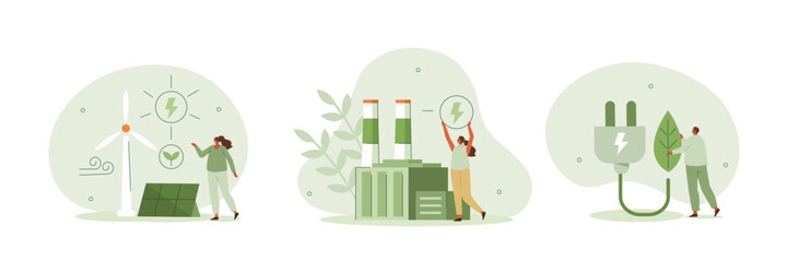 Fototapeta Sustainability illustration set. Sustainable clean industrial factory, renewable energy sources and green electricity. Environmental, Social, and Corporate Governance concept. Vector illustration. obraz