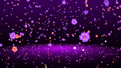 Festive Purple Orange blooming flower Shapes And Glitter Sparkle Dust Flying On Twinkle Glitter Sparkles Plane Background 3D Illustration