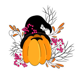 Vector isolated illustration of pumpkin in Halloween hatwith dry branches and berries. Halloween concept.