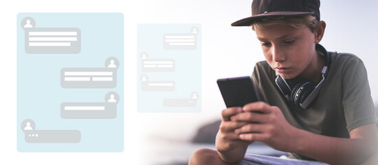 Teen chat concept. Communication with smartphone and computer. Adolescent online internet contact