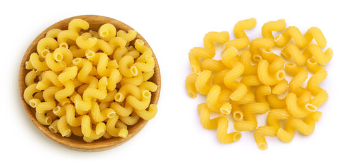 raw pasta cavatappi in wooden bowl isolated on white background with full depth of field. Top view....