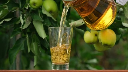 Apple juice on a wooden table in the garden, around it are apples. Farmer taking a jug and pour fresh juice into glass from the apple orchard. Pouring apple juice into a glass in a summer day outdoors