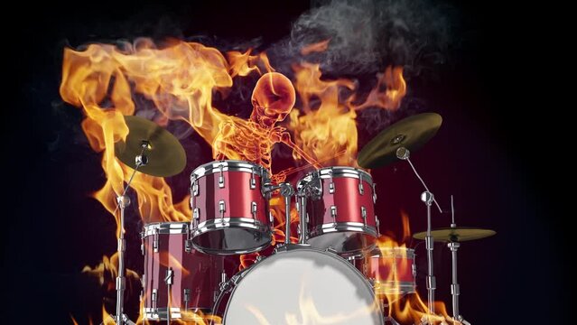 Burning skeleton drumming. Slow motion fire explosions and smoke.