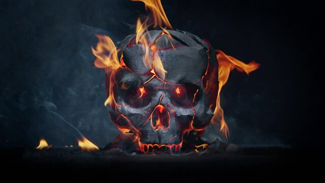 Burning skull. Slow motion fire flames and smoke.