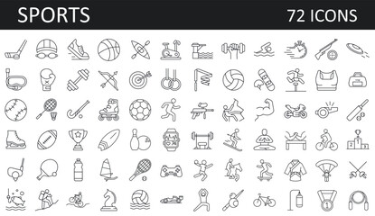 Fototapeta na wymiar Sports, fitness, recreation - set of 72 thin line vector icon. Editable stroke symbol.