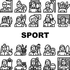 female sport woman exercise icons set vector. girl athlete, workout training, young people, healthy active gym lifestyle fitness female sport woman exercise black contour illustrations