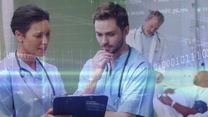 Animation of data processing over diverse doctors and patient using tablet - Powered by Adobe